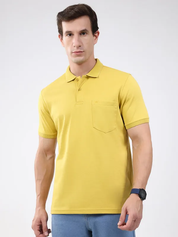 Men Mustard Solid Collar Half Sleeve T-Shirt sold by Monte Carlo