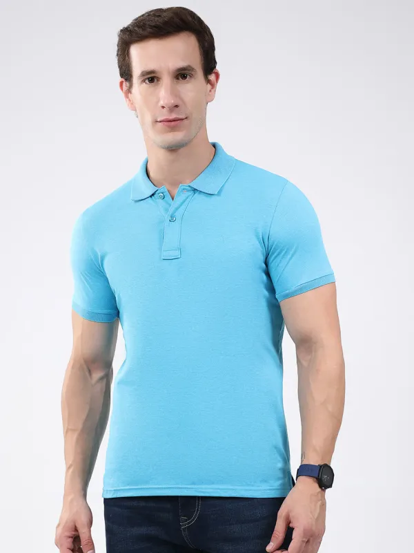 Men Blue Solid Collar Half Sleeve T-Shirt made by Monte Carlo
