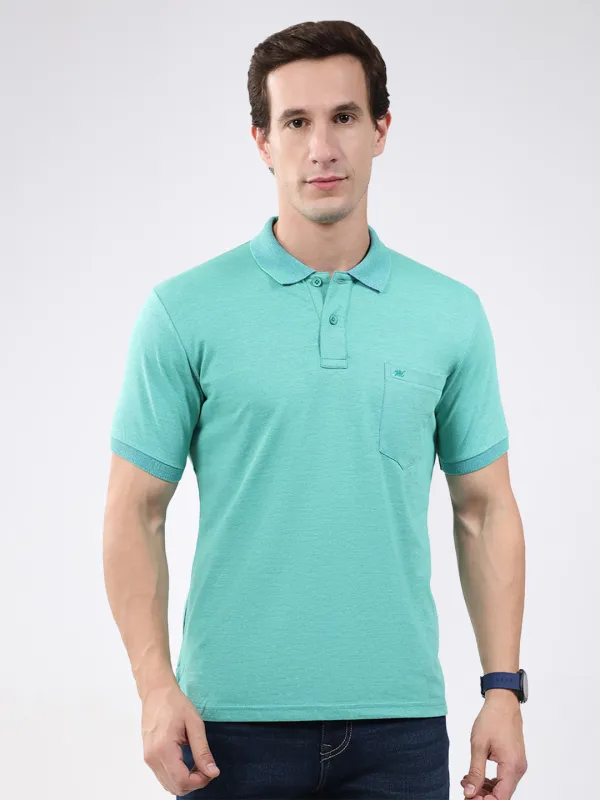 Men Green Solid Collar Half Sleeve T-Shirt made by Monte Carlo