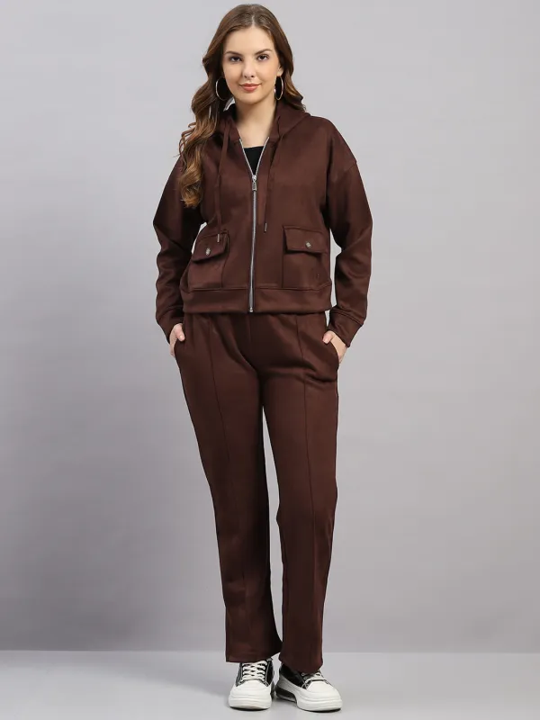 Women Brown Solid Hooded Full Sleeve Winter Tracksuit sold by Monte Carlo