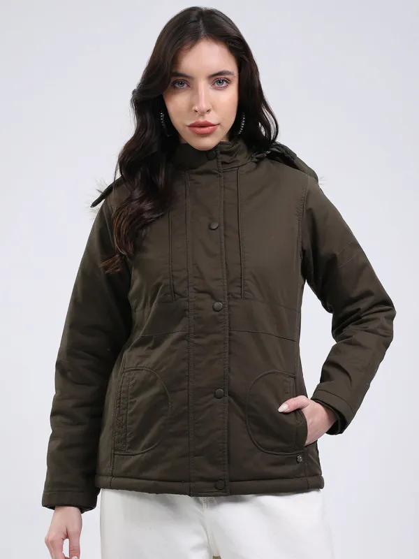 Women Olive Solid Hooded Full Sleeve Jacket sold by Monte Carlo