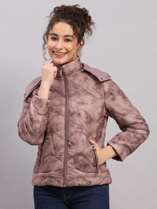 Women Mauve Printed Hooded Full Sleeve Jacket sold by Monte Carlo