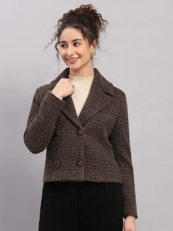 Women Brown Printed Collar Full Sleeve Coat sold by Monte Carlo