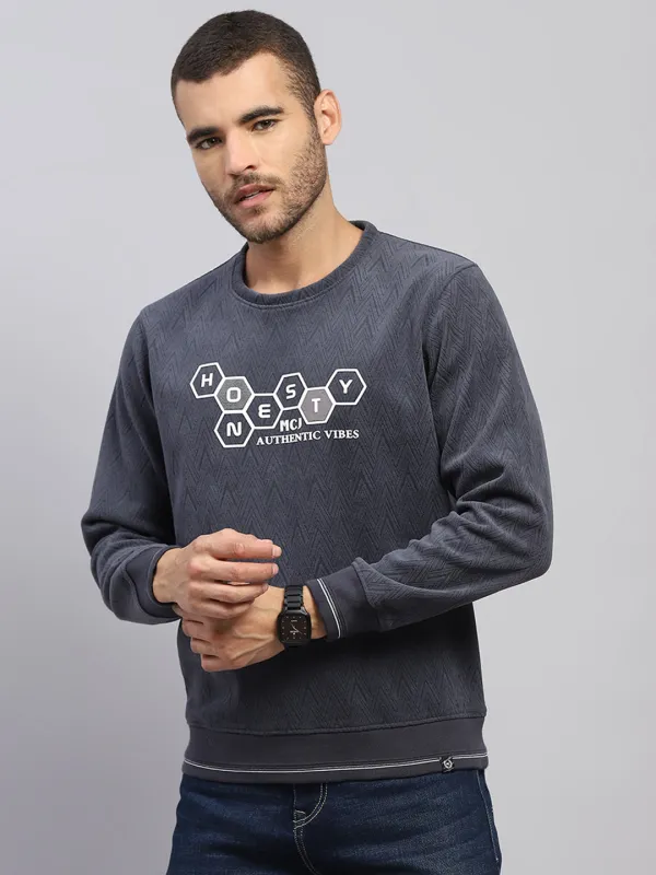 Men Grey Printed Round Neck Full Sleeve Sweatshirt sold by Monte Carlo