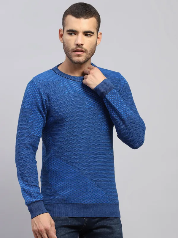 Men Blue Self Design Round Neck Full Sleeve Pullover made by Monte Carlo
