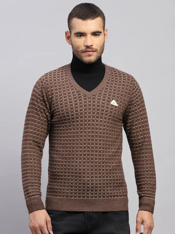 Men Brown Self Design V Neck Full Sleeve Pullover made by Monte Carlo