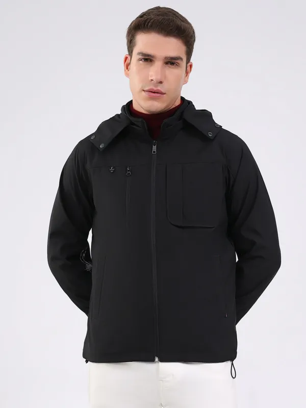 Men Black Solid Hooded Full Sleeve Jacket sold by Monte Carlo