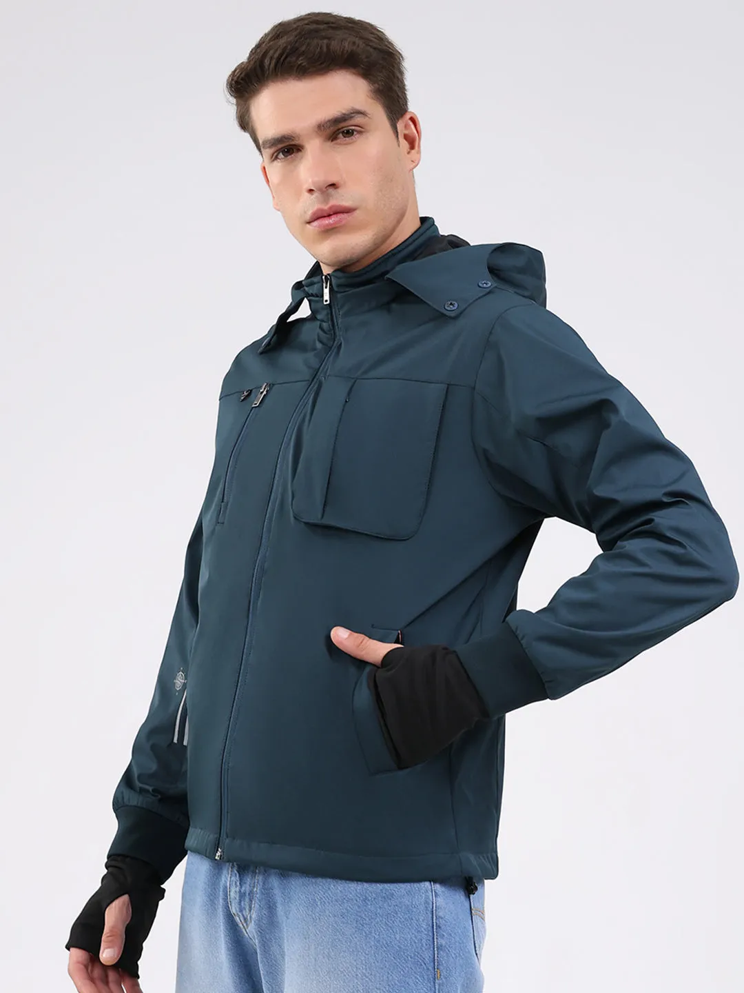 Men Teal Blue Solid Hooded Full Sleeve Jacket sold by Monte Carlo product image thumbnail 3