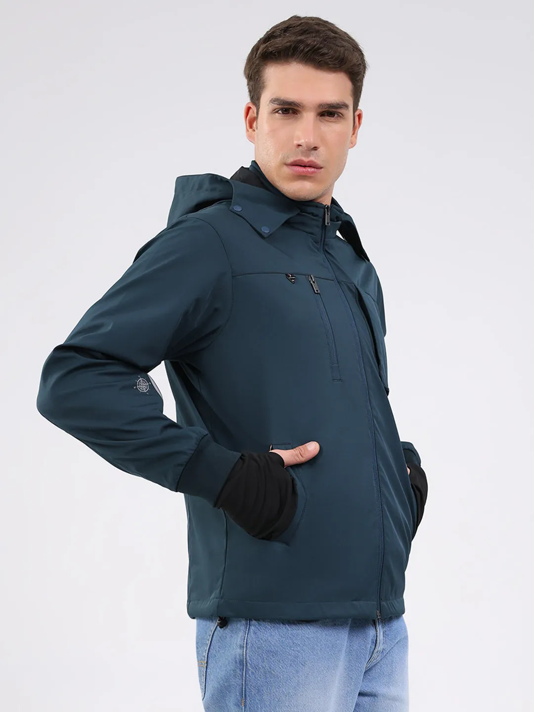 Men Teal Blue Solid Hooded Full Sleeve Jacket sold by Monte Carlo product image thumbnail 4