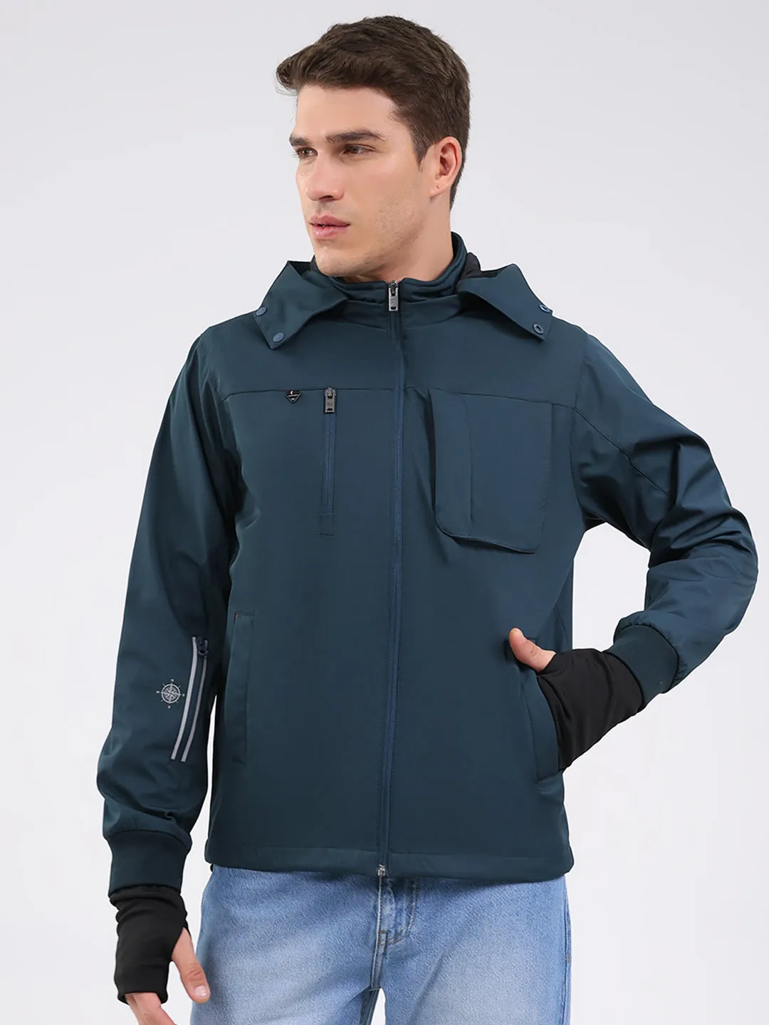 Men Teal Blue Solid Hooded Full Sleeve Jacket sold by Monte Carlo