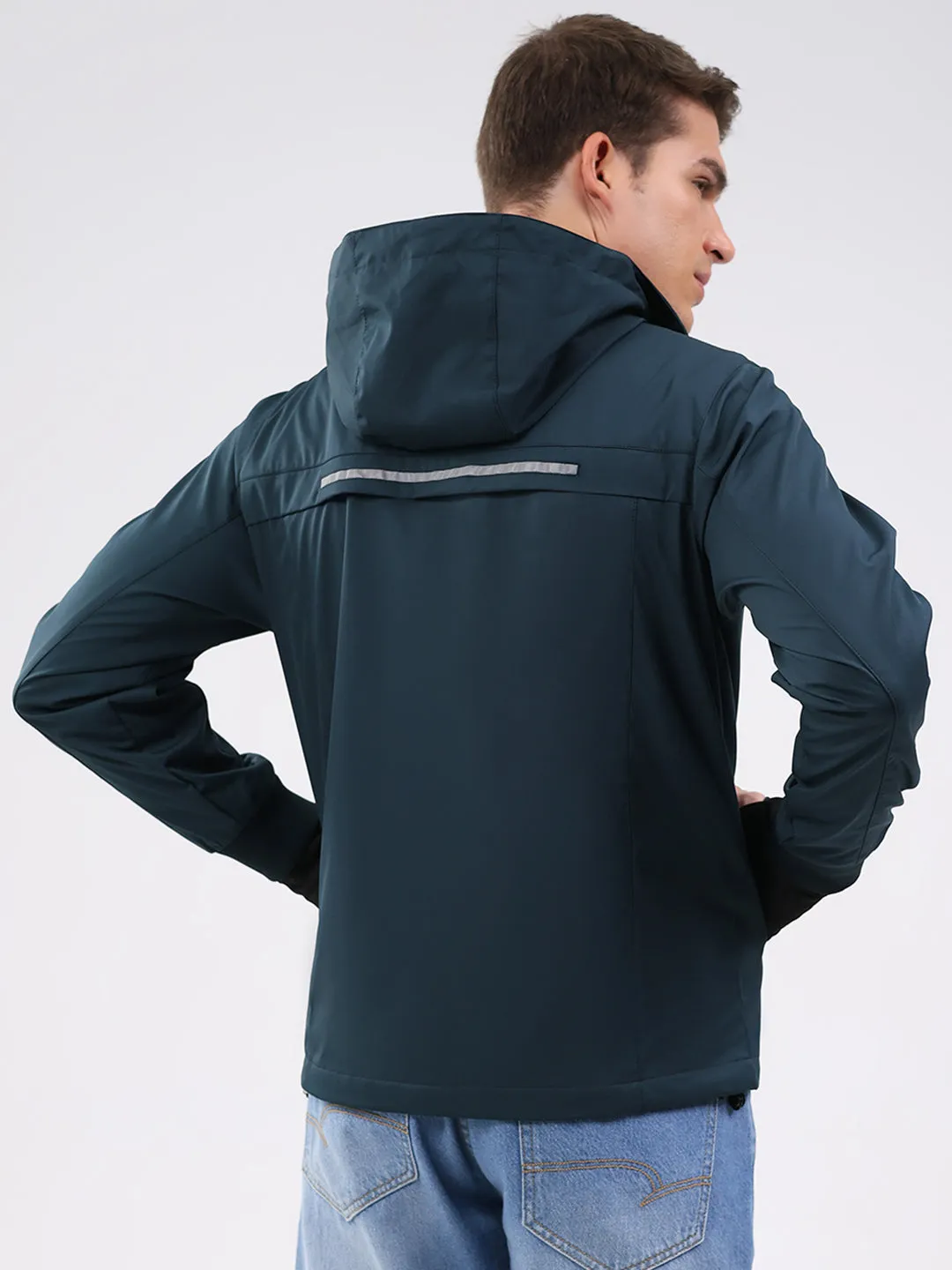 Men Teal Blue Solid Hooded Full Sleeve Jacket sold by Monte Carlo product image thumbnail 5