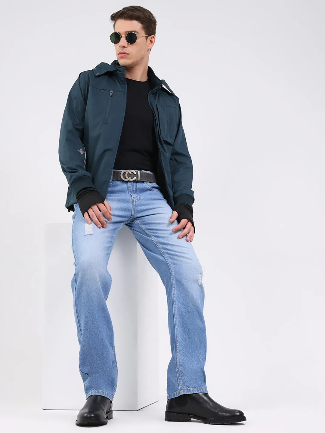 Men Teal Blue Solid Hooded Full Sleeve Jacket sold by Monte Carlo product image thumbnail 2