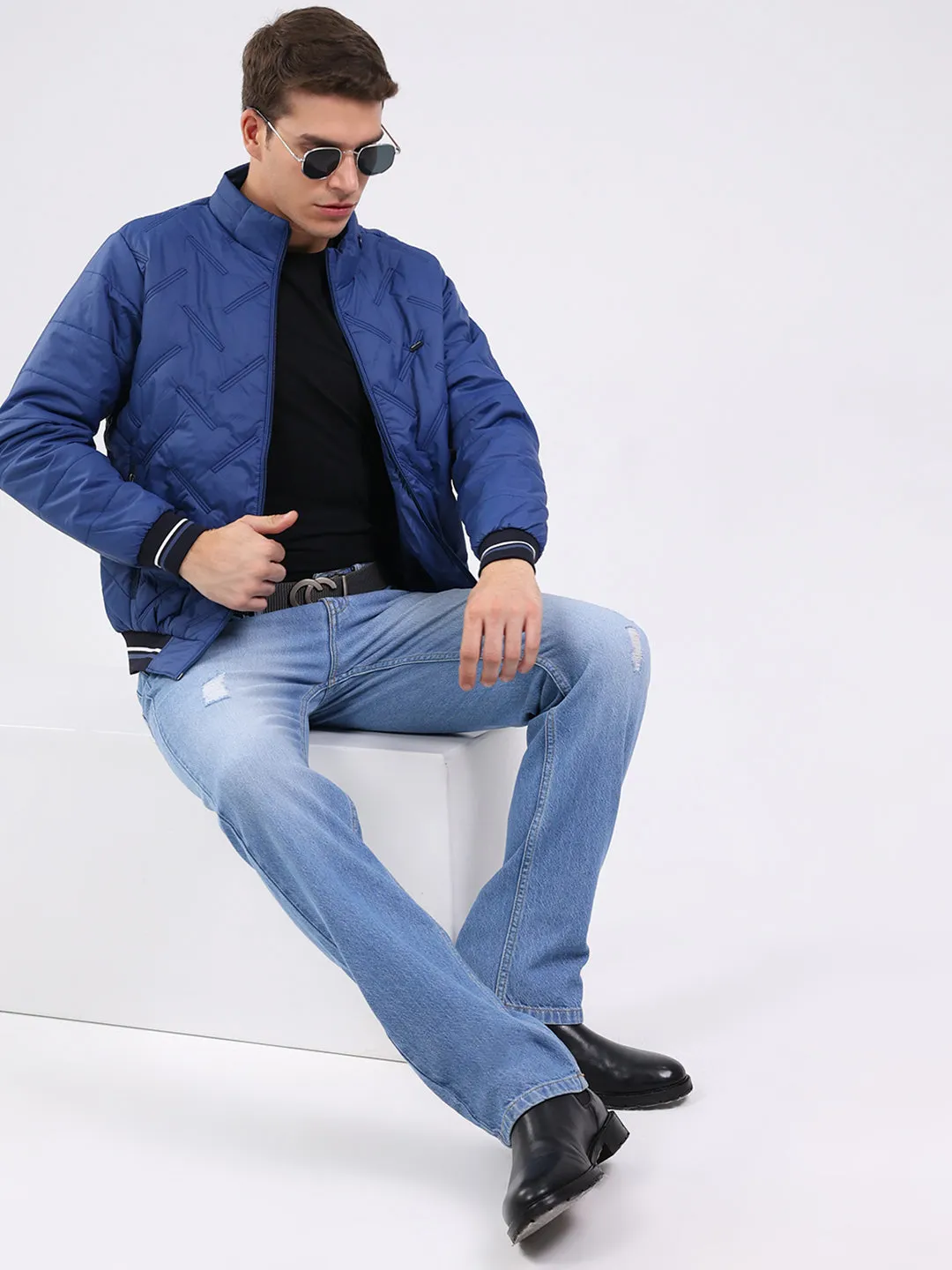 Men Blue Solid Mock Neck Full Sleeve Jacket sold by Monte Carlo product image thumbnail 2