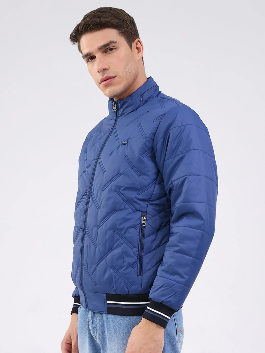 Men Blue Solid Mock Neck Full Sleeve Jacket sold by Monte Carlo product image thumbnail 3