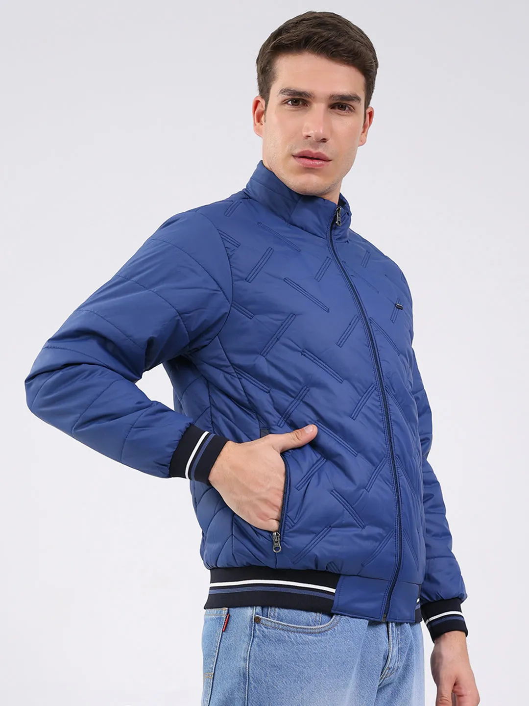 Men Blue Solid Mock Neck Full Sleeve Jacket sold by Monte Carlo product image thumbnail 4