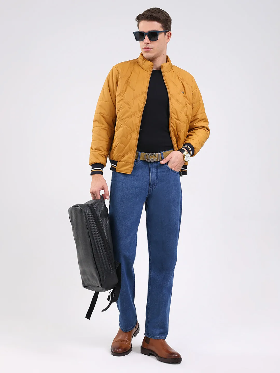 Men Mustard Solid Mock Neck Full Sleeve Jacket sold by Monte Carlo product image thumbnail 2