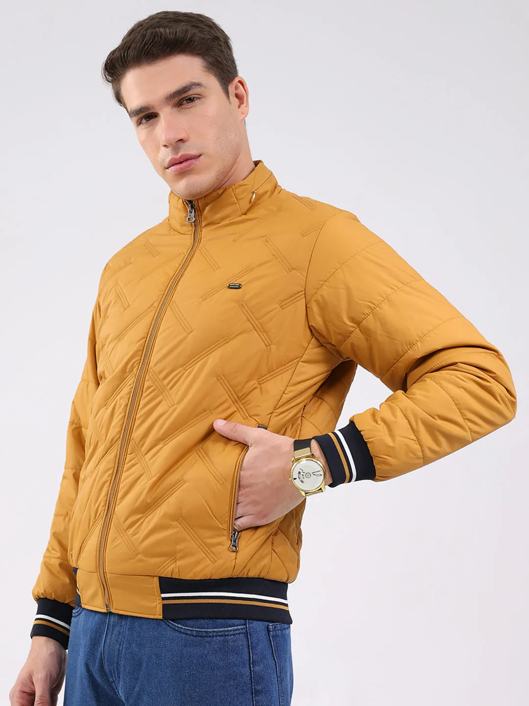 Men Mustard Solid Mock Neck Full Sleeve Jacket sold by Monte Carlo product image thumbnail 3
