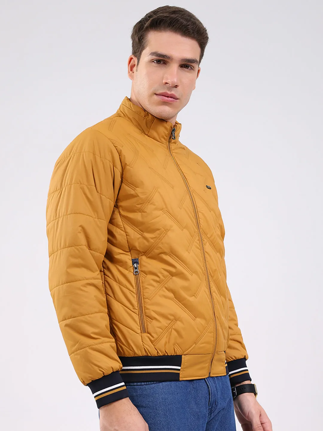 Men Mustard Solid Mock Neck Full Sleeve Jacket sold by Monte Carlo product image thumbnail 4