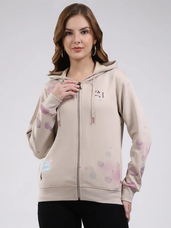 Women Beige Printed Hooded Full Sleeve Sweatshirt sold by Monte Carlo