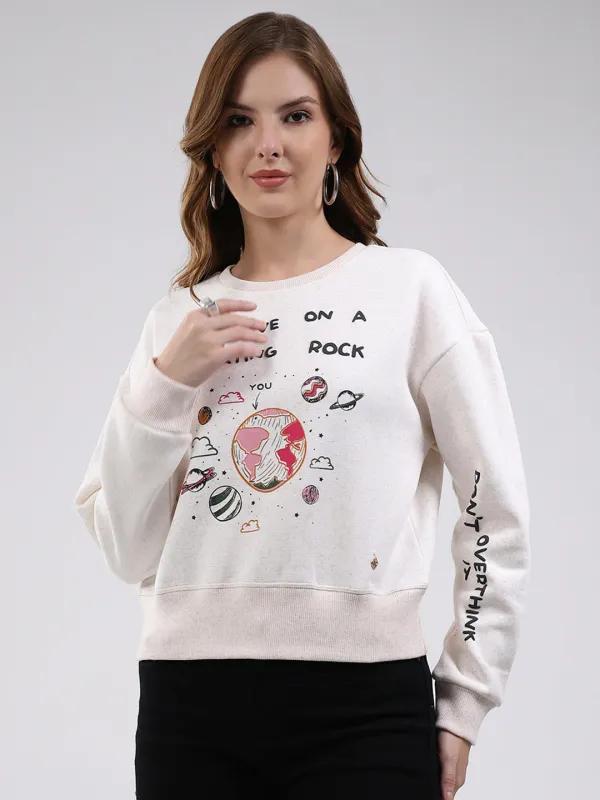 Women White Printed Round Neck Full Sleeve Sweatshirt sold by Monte Carlo