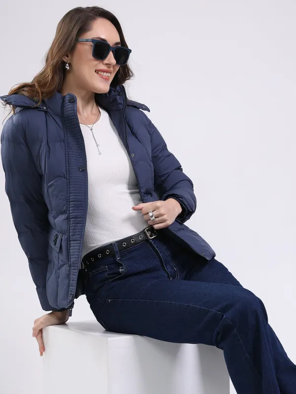 Women Navy Blue Solid Hooded Full Sleeve Jacket sold by Monte Carlo