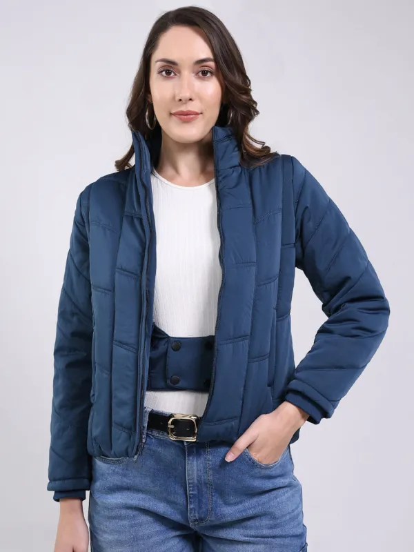 Women Teal Blue Solid Mock Neck Full Sleeve Jacket sold by Monte Carlo