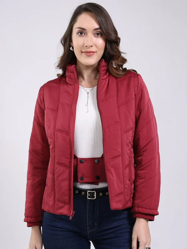 Women Maroon Solid Mock Neck Full Sleeve Jacket sold by Monte Carlo