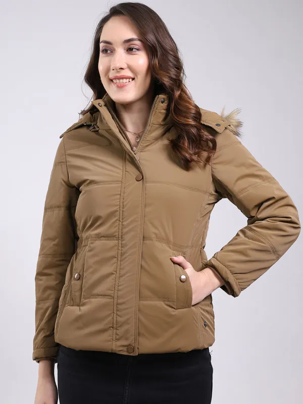 Women Camel Brown Solid Hooded Full Sleeve Jacket sold by Monte Carlo