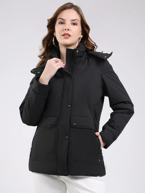 Women Black Solid Hooded Full Sleeve Jacket sold by Monte Carlo