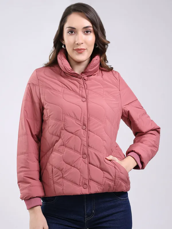 Women Pink Solid Mock Neck Full Sleeve Jacket sold by Monte Carlo