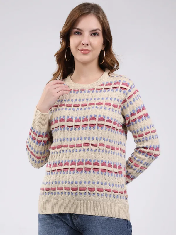 Women Beige Abstract Round Neck Full Sleeve Winter Top sold by Monte Carlo