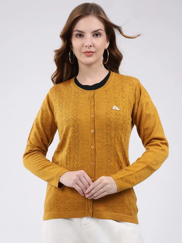 Women Mustard Self Design Round Neck Full Sleeve Cardigan sold by Monte Carlo