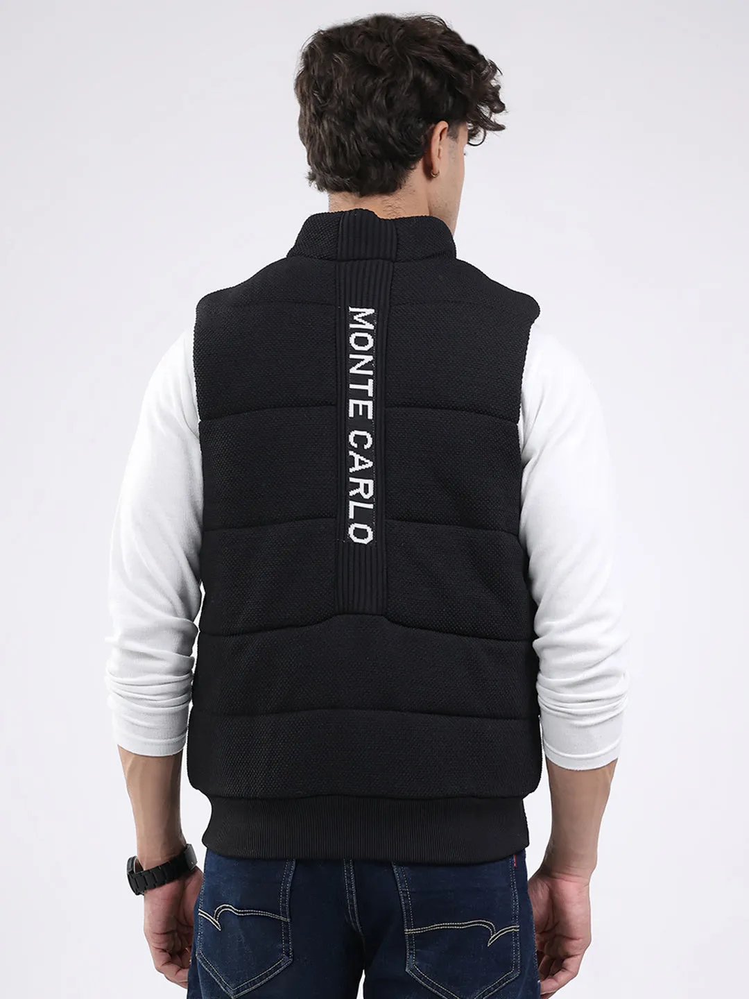 Men Black Solid Mock Neck Sleeveless Jacket sold by Monte Carlo product image thumbnail 5