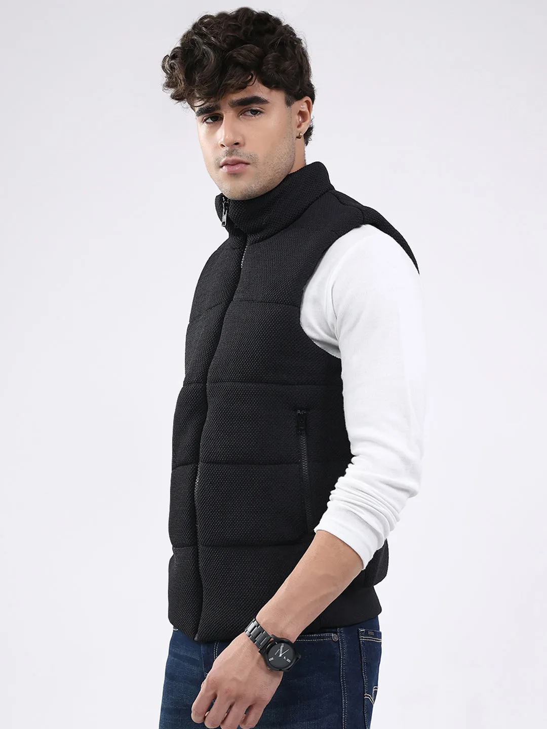 Men Black Solid Mock Neck Sleeveless Jacket sold by Monte Carlo product image thumbnail 3