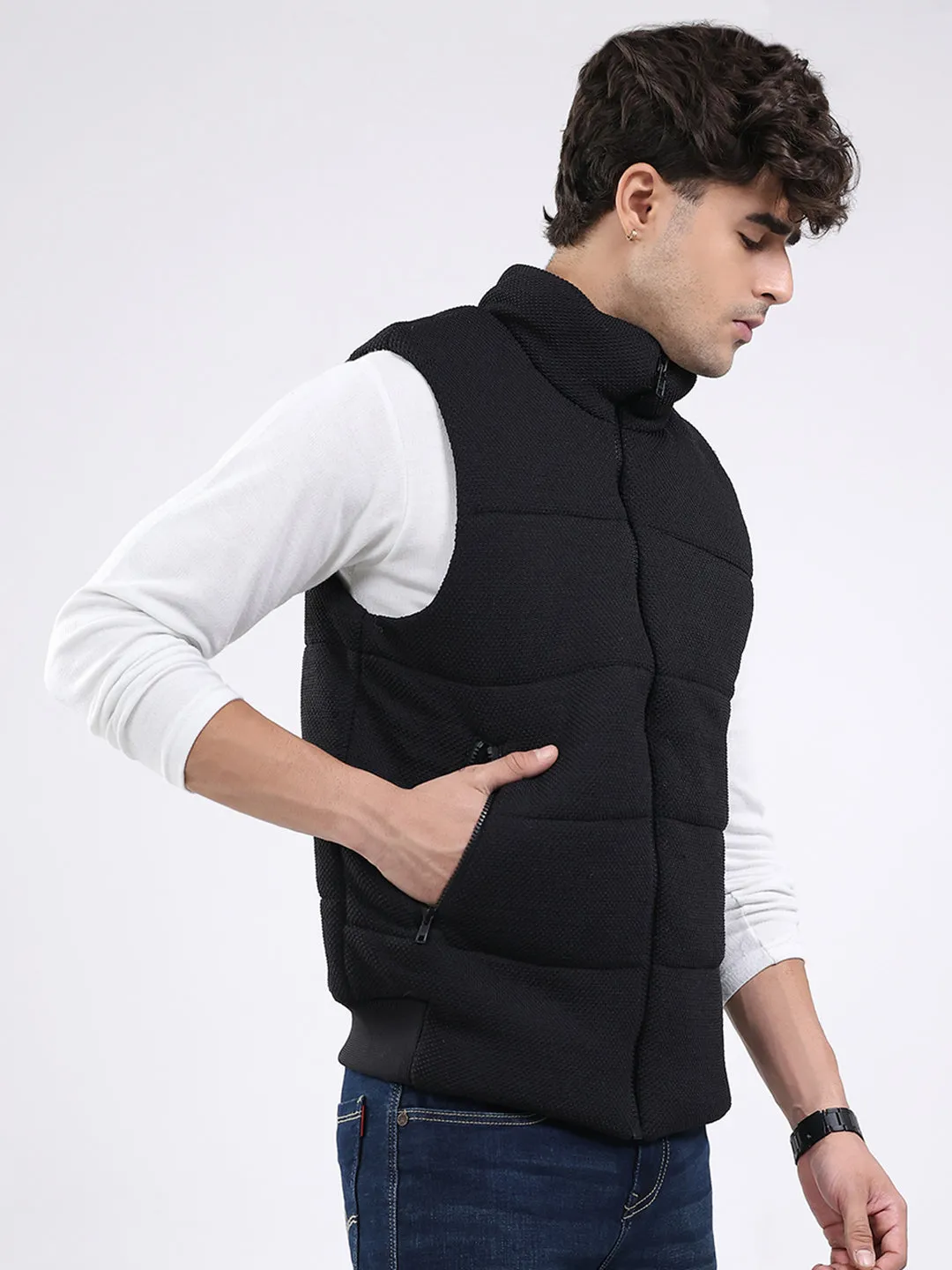 Men Black Solid Mock Neck Sleeveless Jacket sold by Monte Carlo product image thumbnail 4