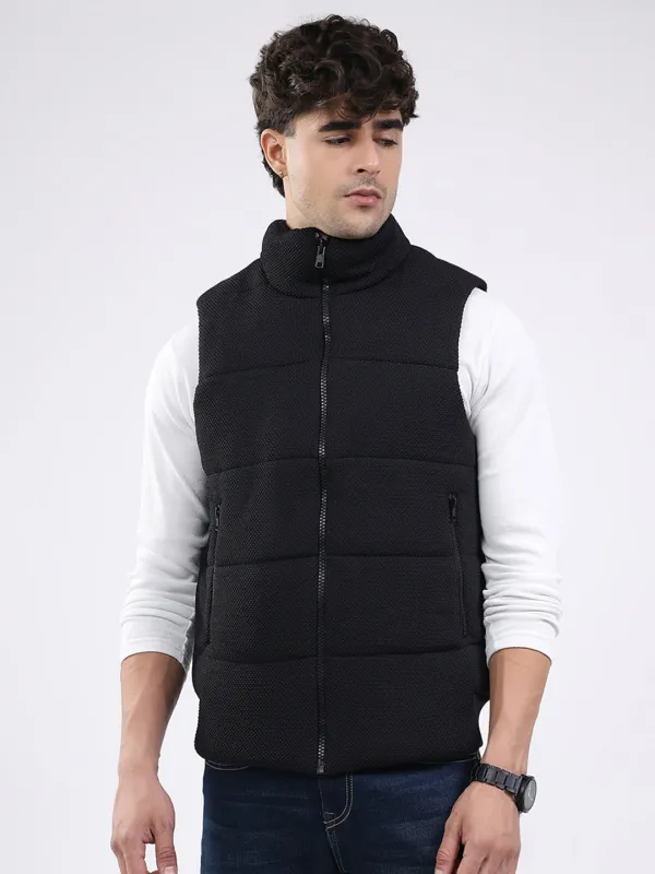 Men Black Solid Mock Neck Sleeveless Jacket sold by Monte Carlo