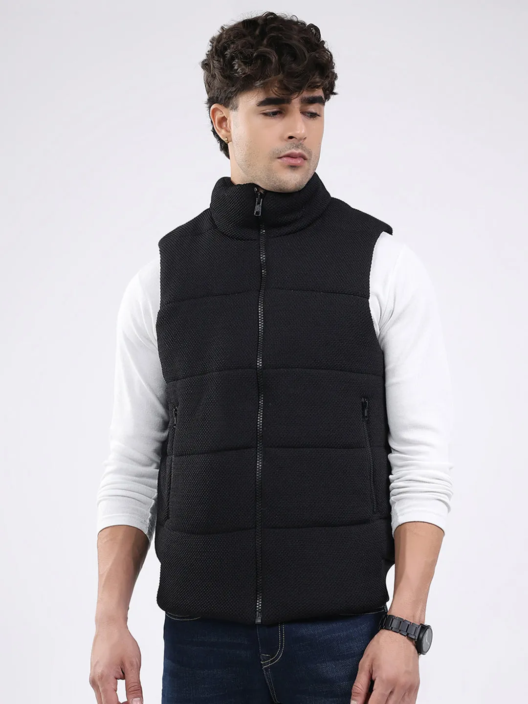 Men Black Solid Mock Neck Sleeveless Jacket sold by Monte Carlo