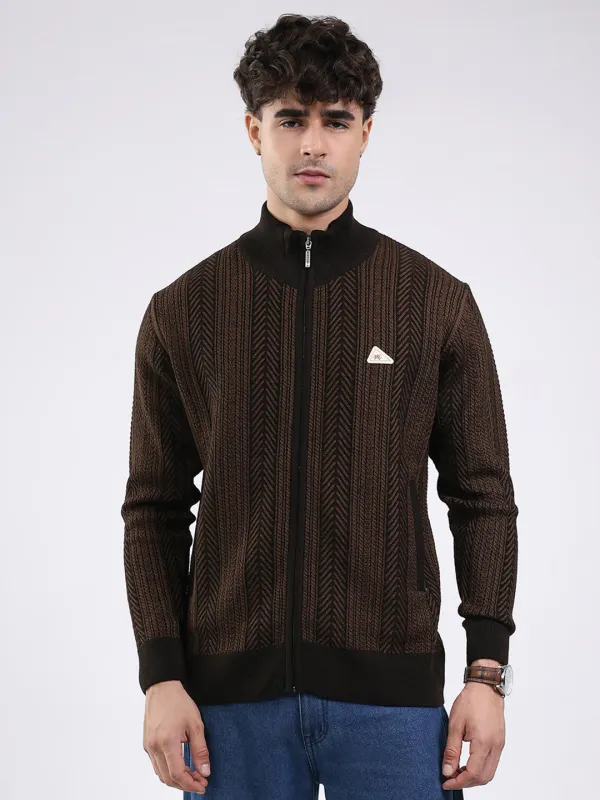 Men Brown Self Design Mock Neck Full Sleeve Pullover sold by Monte Carlo