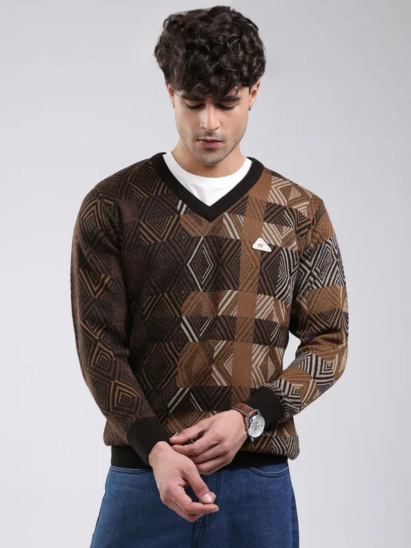 Men Brown Self Design V Neck Full Sleeve Pullover made by Monte Carlo