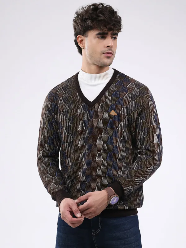 Men Brown Self Design V Neck Full Sleeve Pullover sold by Monte Carlo