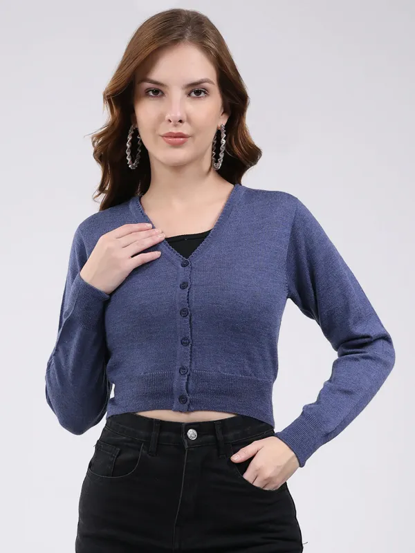 Women Navy Blue Solid V Neck Full Sleeve Blouse sold by Monte Carlo