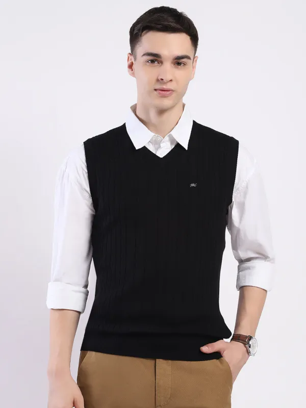 Men Black Solid V Neck Sleeveless Sweater sold by Monte Carlo