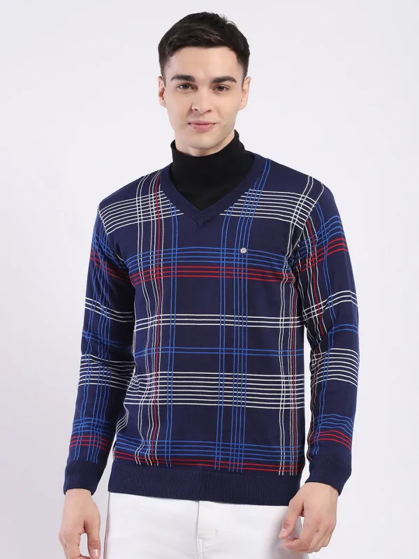 Men Blue Self Design V Neck Full Sleeve Pullover sold by Monte Carlo