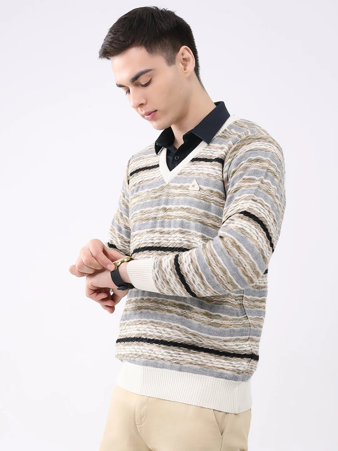 Men White Abstract V Neck Full Sleeve Pullover sold by Monte Carlo product image thumbnail 3