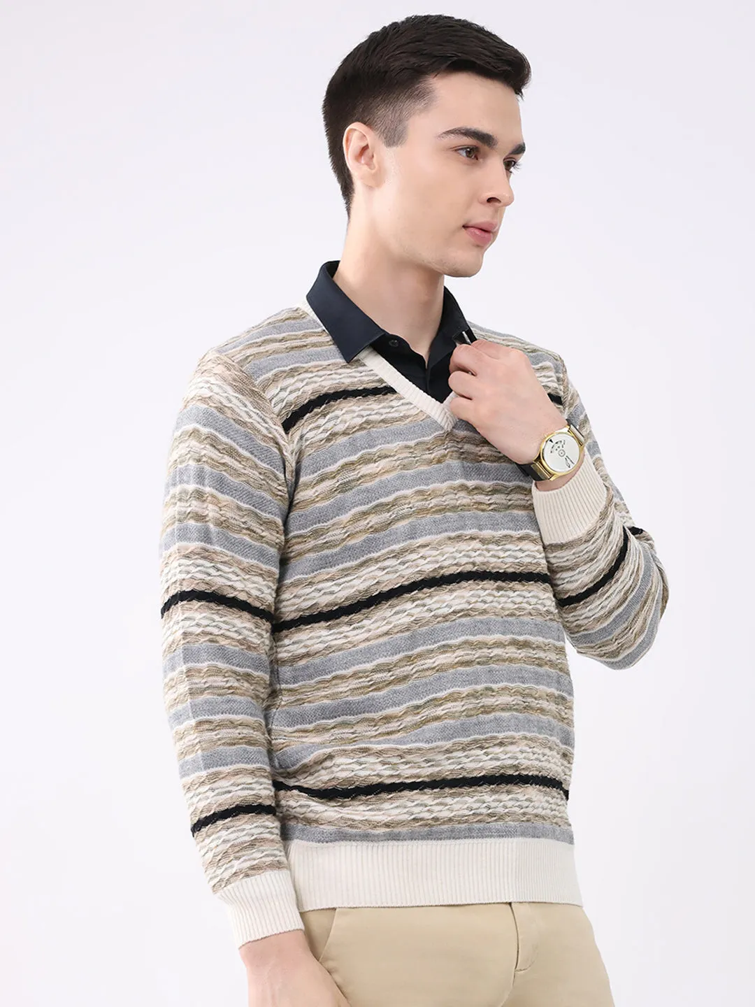 Men White Abstract V Neck Full Sleeve Pullover sold by Monte Carlo product image thumbnail 4