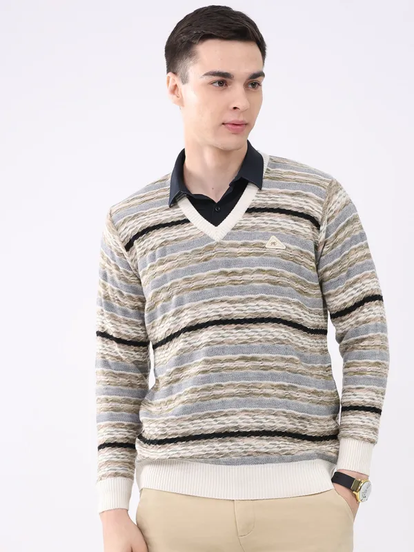 Men White Abstract V Neck Full Sleeve Pullover made by Monte Carlo