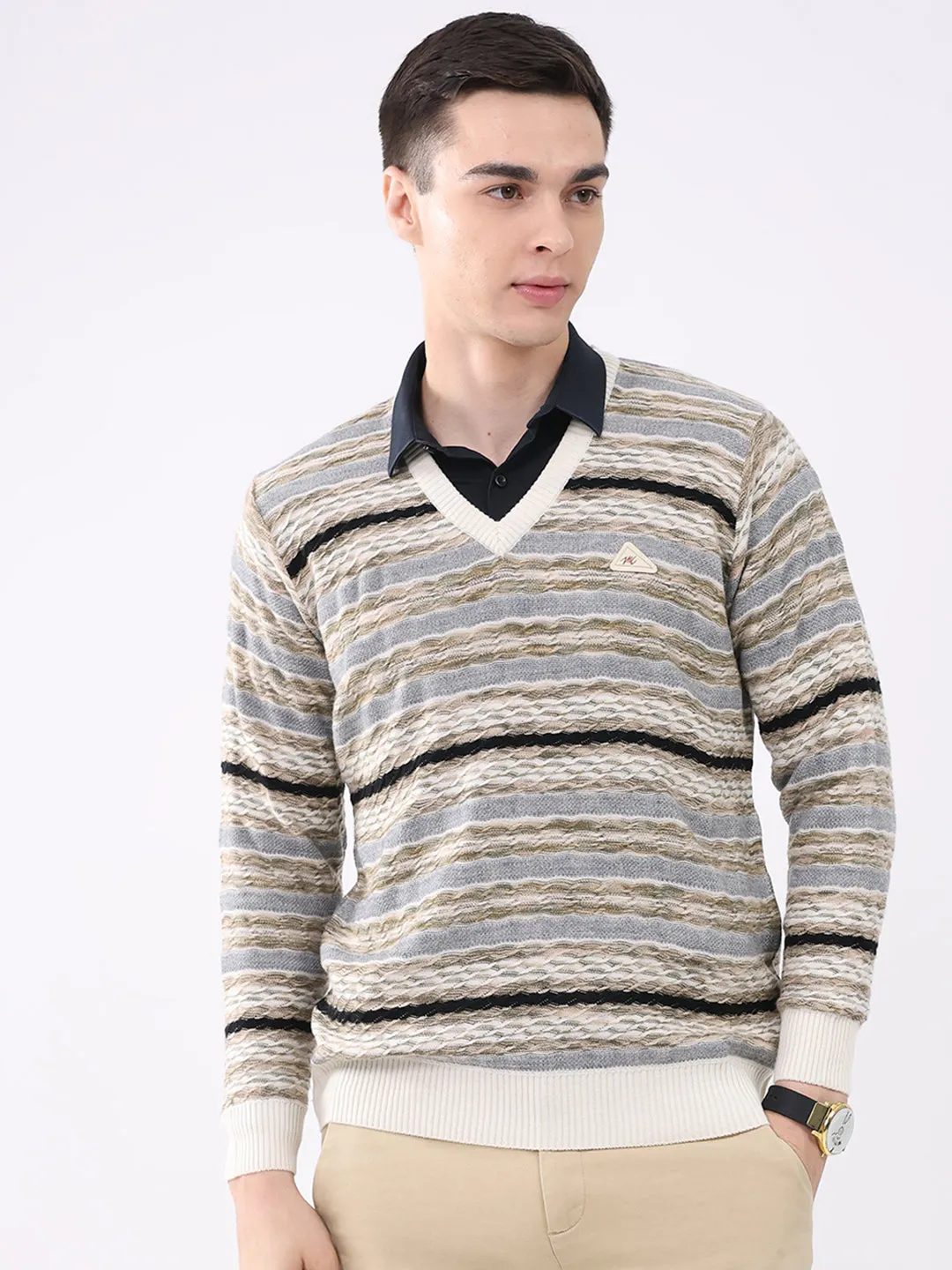 Men White Abstract V Neck Full Sleeve Pullover sold by Monte Carlo