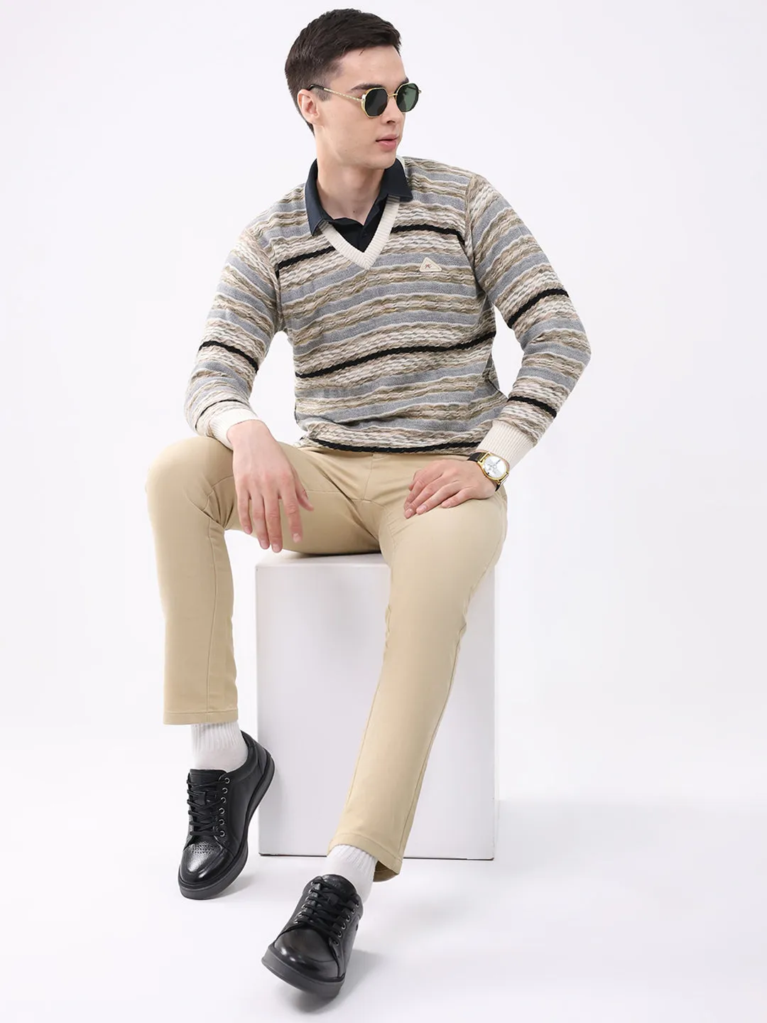 Men White Abstract V Neck Full Sleeve Pullover sold by Monte Carlo product image thumbnail 2