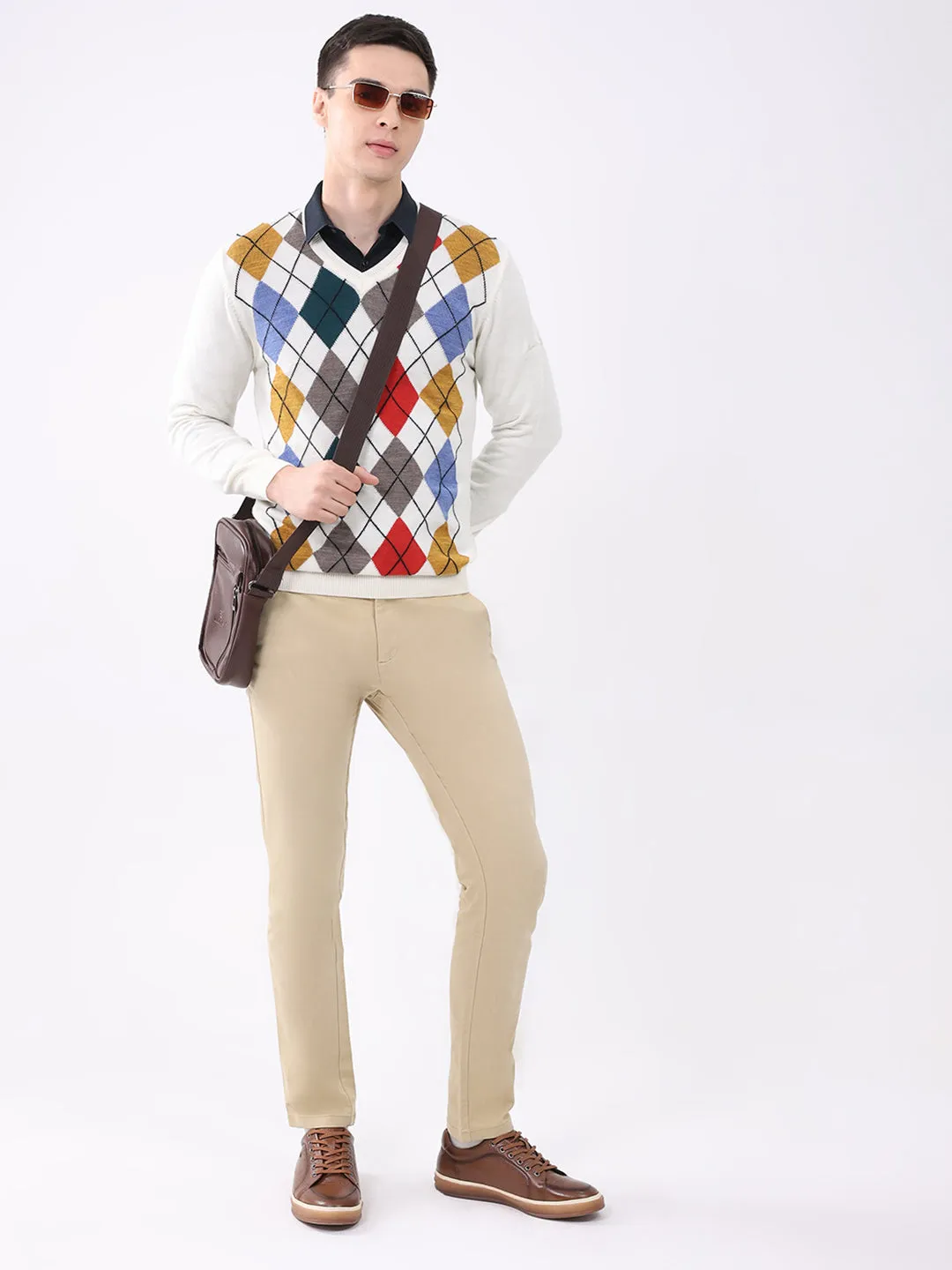 Men Off White Self Design V Neck Full Sleeve Pullover sold by Monte Carlo product image thumbnail 2