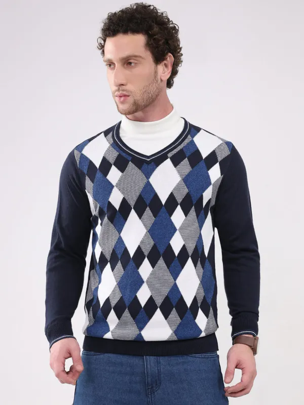 Men Navy Blue Solid V Neck Full Sleeve Pullover sold by Monte Carlo